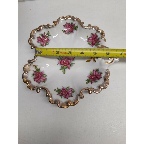 Vintage Rose Floral Vanity Candy Nut Trinket Dish Ruffled Gold Trim - Picture 6 of 8
